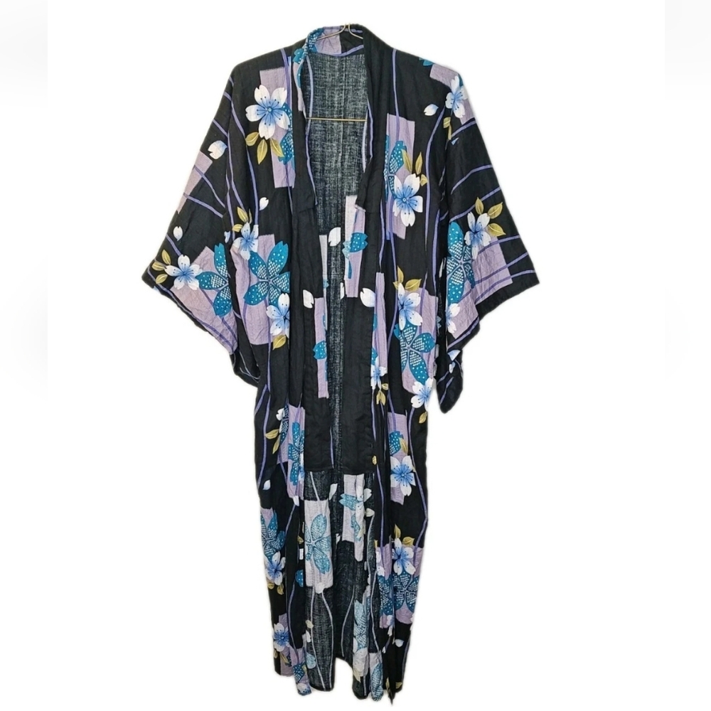 Draped Front Kimono Robe Wrap Tropical Dark Floral Resort Beach Cruise Woman O/S - Picture 9 of 9